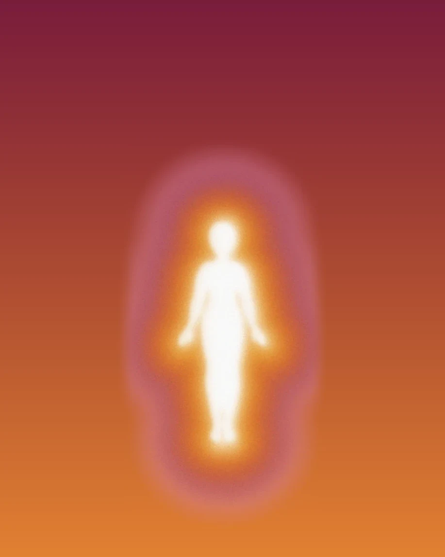A glowing figure of a woman surrounded by a soft halo on a burgundy to orange gradient, with fine lines running from eight everyday symptoms into her